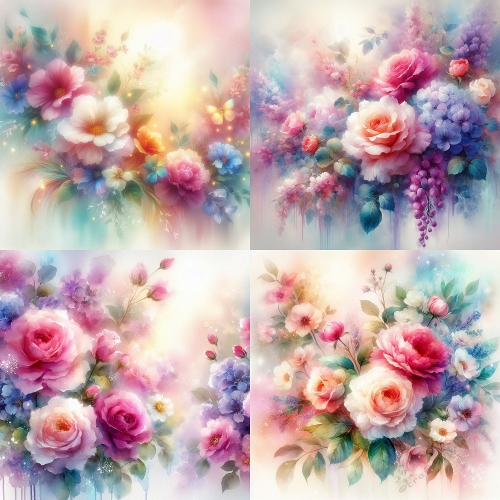 Petal Whispers – 4 Panel Floral Collage (2000x2000 JPEG) with Roses, Peonies & Hydrangeas