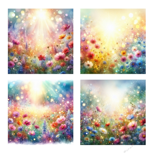 Sunbeam Meadows – 4 Panel Wildflower Collage (2000x2000 JPEG) with Radiant Light & Blooming Fields