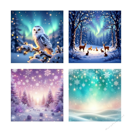 Aurora Winter Magic – A4 Collage (JPEG) with Owls, Woodland Animals & Snowy Forest Scenes