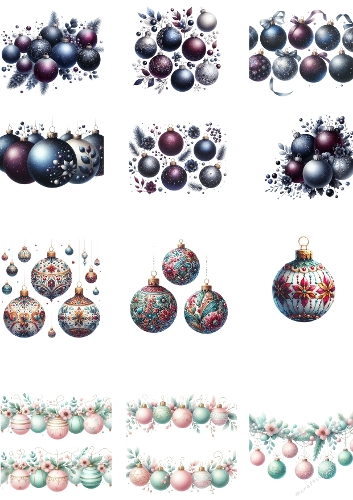 Elegant Ornaments – A4 Christmas Collage (JPEG) with Festive Baubles in Dark, Bright & Pastel Styles