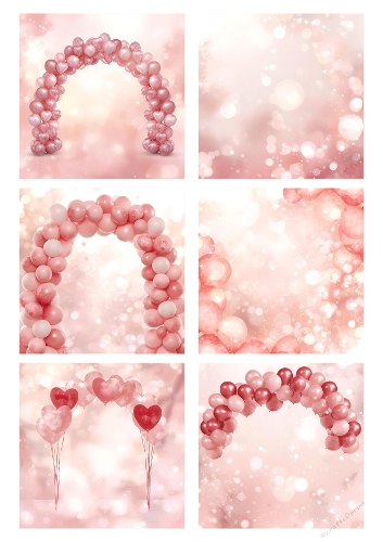 Love in the Air – A4 Balloon Collage (JPEG) with Pink Arches, Hearts & Bokeh Backgrounds