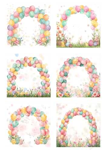 Pastel Celebration – A4 Balloon Arch Collage (JPEG) with Easter Eggs, Flowers & Spring Decor