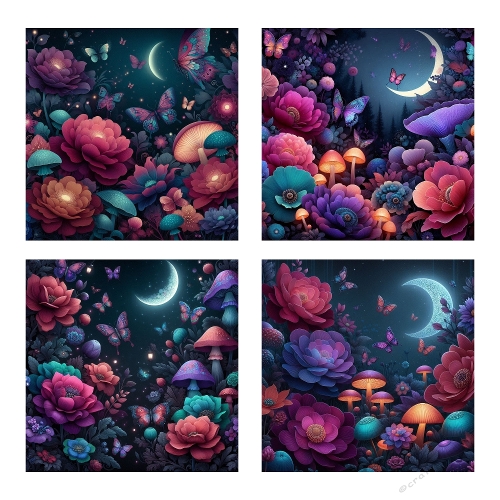 Moonlit Garden Dreams – 4 Panel Fantasy Collage (2000x2000 JPEG) with Glowing Flowers, Mushrooms & Butterflies