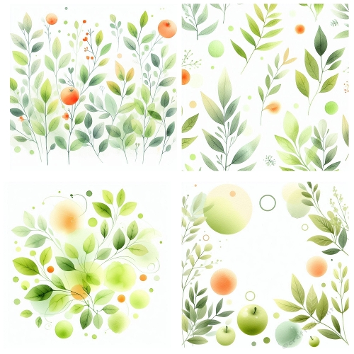 Citrus Leaves – 4 Panel Botanical Collage (2000x2000 JPEG) with Watercolor Fruit & Foliage