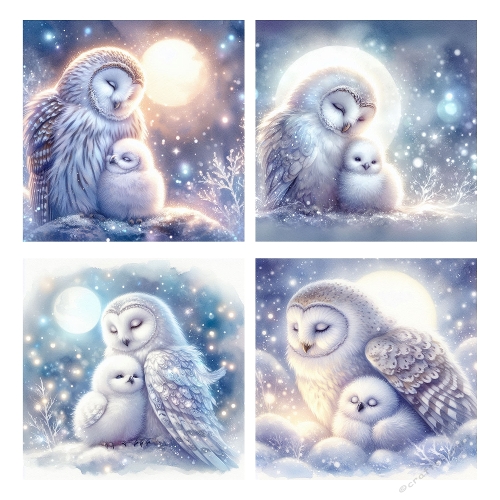 Moonlit Nest – 4 Panel Owl Collage (2000x2000 JPEG) with Snow, Moonlight & Woodland Bonding