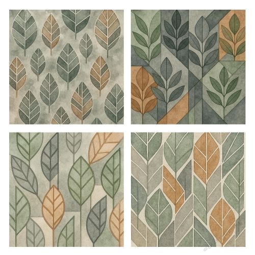 Modern Botanics – 4 Panel Leaf Collage (2000x2000 JPEG) with Earthy Geometric Patterns for Masculine Cards