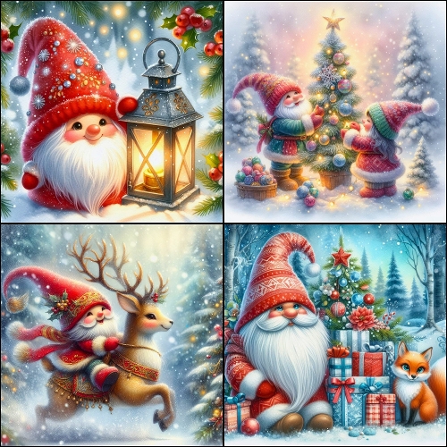 Gnome Wonderland – 4 Panel Christmas Collage (2000x2000 JPEG) with Snow, Trees & Holiday Cheer