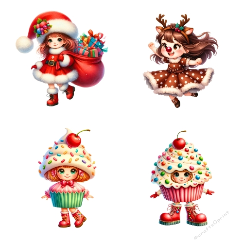 Sweet & Silly Christmas – 4 Panel Holiday Character Collage (2000x2000 JPEG) with Santa, Reindeer & Cupcake Costumes