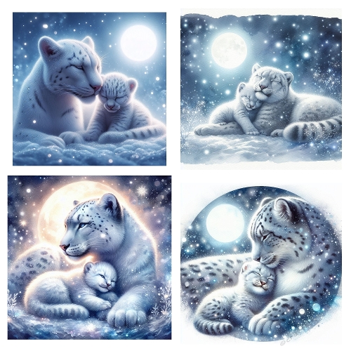 Moonlit Bond – 4 Panel Snow Leopard Collage (2000x2000 JPEG) with Winter Forest & Parental Love