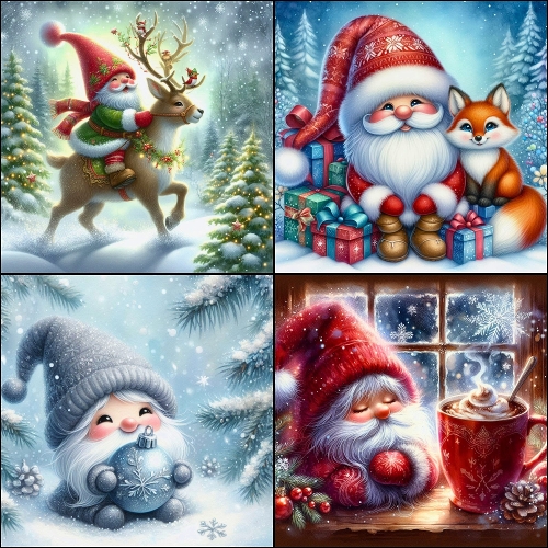 Santas Cozy Moments – 4 Panel Christmas Collage (2000x2000 JPEG) with Gifts, Forest & Hot Chocolate