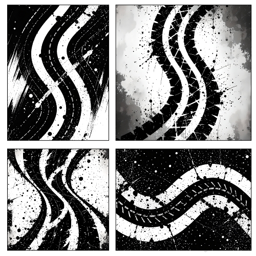 Urban Motion – 4 Black & White Tire Track Backgrounds (2000x2000 JPEG Collage)