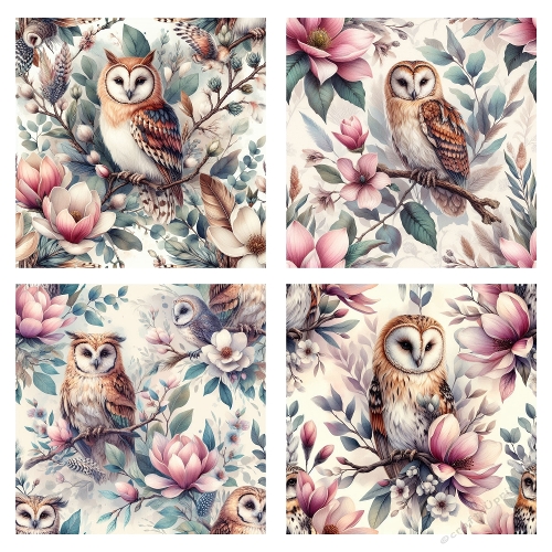 Floral Owls – 4 Easy 3D Nature Cards (2000x2000 JPEG Collage) with Barn Owls & Blossoms