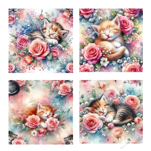 Floral Naps – 4 Easy 3D Kitten Cards (2000x2000 JPEG Collage) with Roses & Pastel Backgrounds