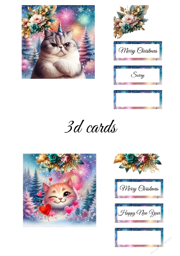 Festive Felines – 2 Easy 3D Cat Cards (A4 JPEG Collage) with Unicorn & Heart Themes