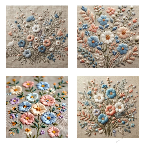 Threaded Blooms – 4 Embroidered Floral Panels (2000x2000 JPEG Collage)