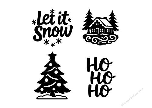 Festive Cheer – 4 Christmas Cutting Files (Let It Snow, HO HO HO, Tree & House)