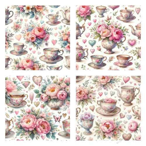 Tea Time Elegance – 4 Vintage Floral Panels (2000x2000 JPEG Collage)