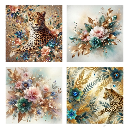 Golden Jungle – 4 Floral & Leopard Panels (1920x3520 JPEG Collage)