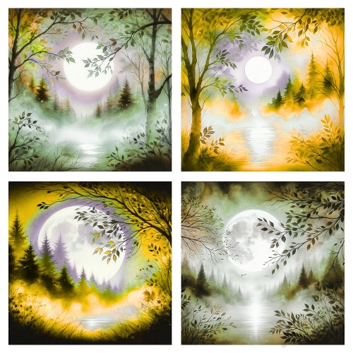 Moonlit Forest Reflections Watercolor Collage
