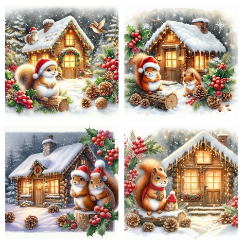 Christmas Squirrels & Snowy Cabins 