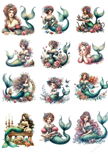 Victorian Fantasy Mermaid Collage – A4 JPEG Whimsical Ocean Portraits