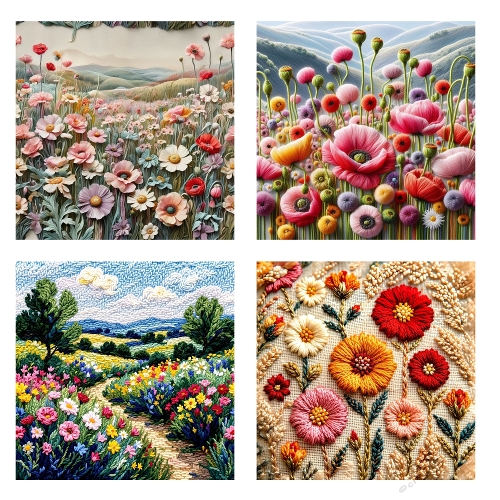 Flower Fields Collage – 2000x2000 JPEG Pastel Landscapes, Wild Blooms & Embroidery Style