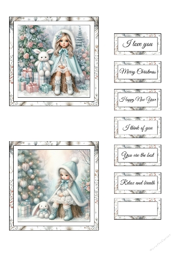 Winter Child & Bunny – 3D Christmas Card Collage with Sentiment Labels (JPEG)