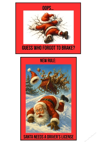 Funny Santa Mishaps – 2-Panel Christmas Humor Kit with Sleigh Crash & Drivers License Joke (JPEG)