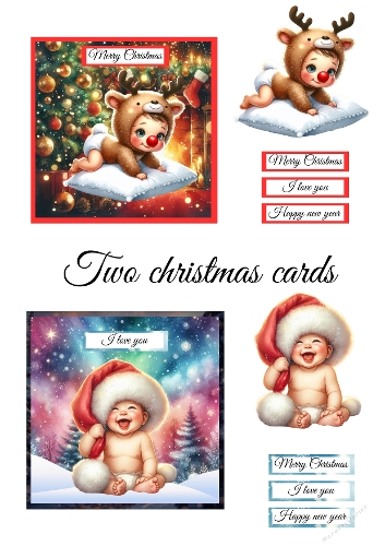 Christmas Baby Cards – 2 Festive Portraits with Santa & Reindeer Costumes + Sentiment Labels (JPEG)