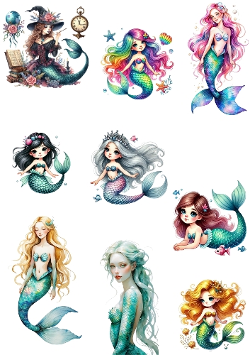 Whimsical Mermaids – 9 Fantasy Portraits with Magical Themes & Colorful Tails (JPEG)
