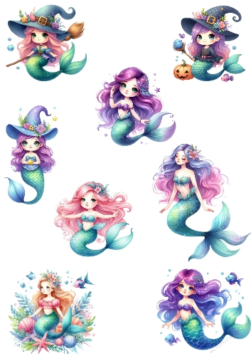Witchy Mermaids – 7 Fantasy Portraits with Magical Hats, Bubbles & Ocean Charm (JPEG)