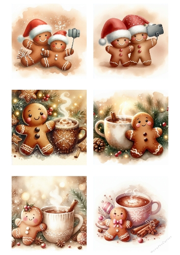 Gingerbread Christmas – 6 Festive Scenes with Hot Cocoa, Selfies & Holiday Cheer (A4 JPEG)