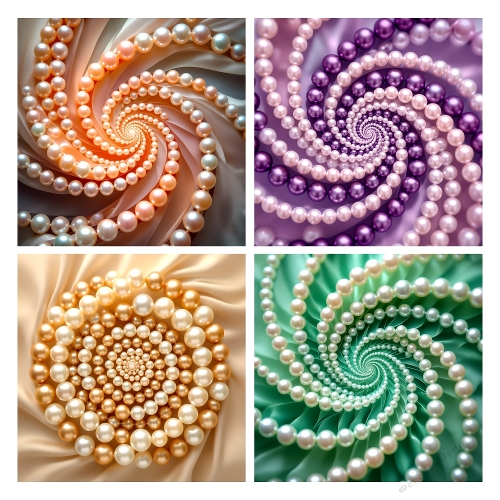 Pearl Spirals – 4 Elegant Arrangements on Textured Fabric in Soft Tones (JPEG 2000x2000)