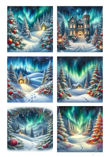 Aurora Christmas – 6 Snowy Scenes with Cabins, Trees & Northern Lights (A4 JPEG)