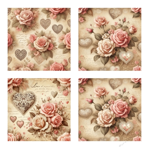 Vintage Love – 4 Romantic Floral & Heart Panels with Parchment Background (JPEG 2000x2000)