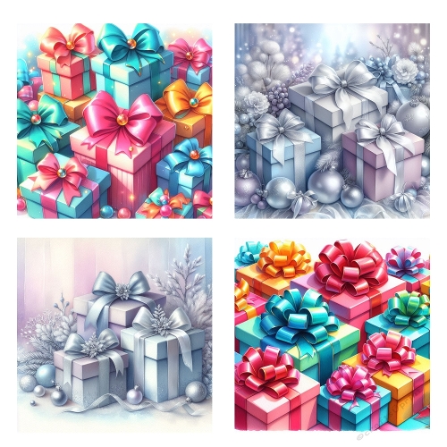Holiday Gift Boxes – 4 Festive Scenes with Bows, Ornaments & Winter Glow (JPEG 2000x2000)