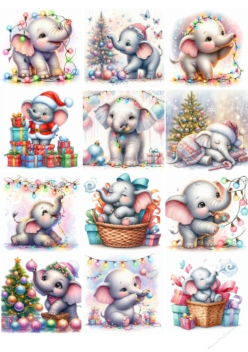Festive Baby Elephants – 12 Cute Christmas Scenes with Lights, Trees & Presents (JPEG 2000x2000)