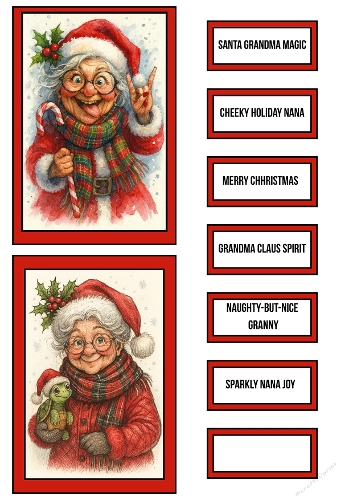 Santa Grandmas – 2 Funny Christmas Portraits with Labels for Cards & Tags