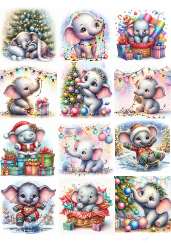 Christmas Baby Elephants – 12 Cute Festive Scenes with Lights, Trees & Presents (A4 JPEG)