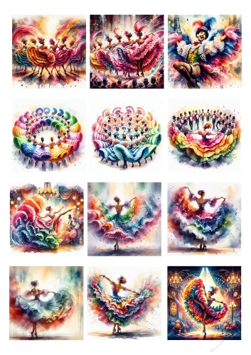 French Cancan Spectacle – 12 Colorful Dance Scenes with Ruffled Skirts & High Kicks (A4 JPEG)