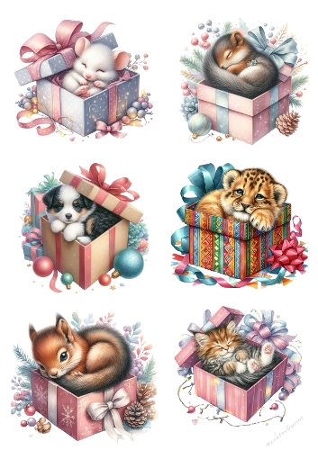 Holiday Baby Animals – 6 Cute Creatures in Christmas Gift Boxes (A4 JPEG)