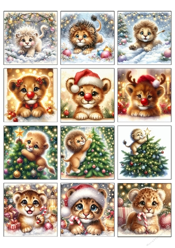 Christmas Lion Cubs – 12 Cute Holiday Scenes with Trees, Gifts & Santa Hats (A4 JPEG)