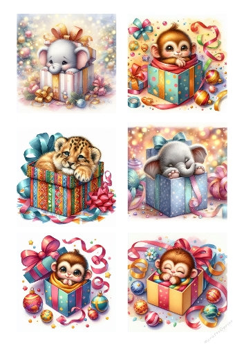 Festive Baby Animals – 6 Cute Creatures in Christmas Gift Boxes (A4 JPEG)