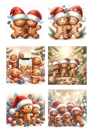 Gingerbread Joy – 6 Cute Christmas Scenes with Santa Hats & Sweet Decorations (A4 JPEG)
