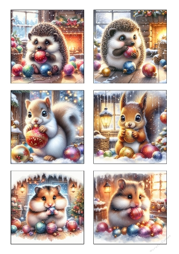 Winter Critters & Ornaments – 6 Festive Scenes with Hedgehogs, Squirrels & Hamsters (A4 JPEG)