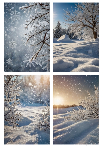 Snowflake Serenity – 4 Peaceful Winter Scenes with Frosted Trees & Falling Snow (A4 JPEG)