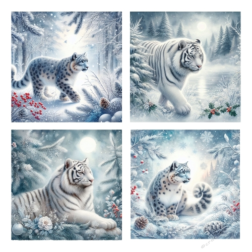 Winter White Tigers – 4 Magical Snow Scenes with Frosted Forests & Red Berries (JPEG 2000x2000)