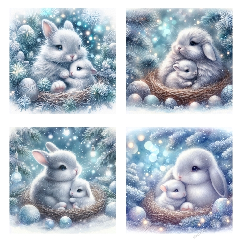 Winter Rabbit Nests – 4 Cozy Snow Scenes with Pine Branches & Lights (JPEG 2000x2000)