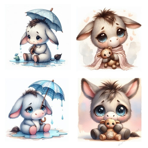 Baby Donkey Moments – 4 Cute Scenes with Umbrellas, Teddy Bears & Soft Pastels (JPEG 2000x2000)
