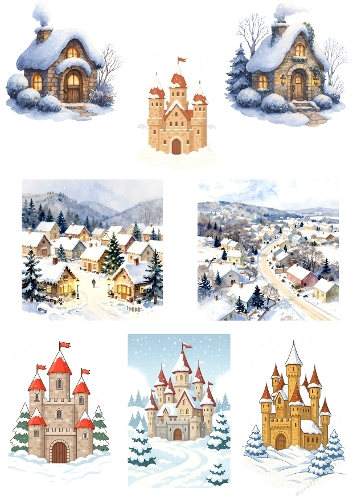 Winter Wonders – Snowy Village & Castle Collage (A4 JPEG)